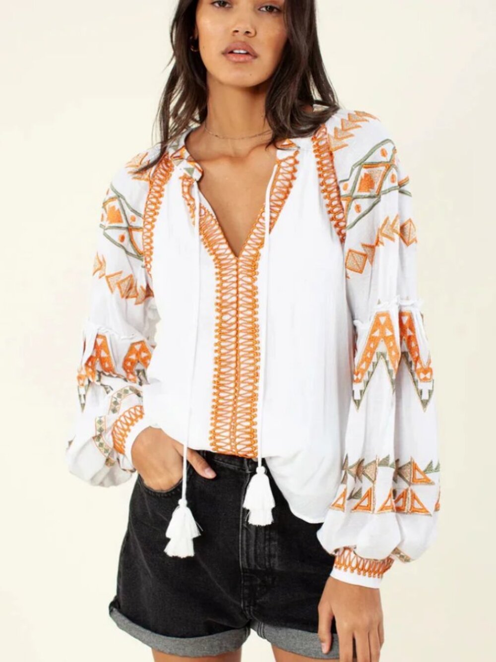 Hale Bob White Orange Embroidered Boho Blouse M